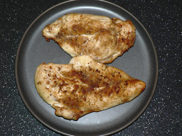 Two Air Fryer Lid Chicken Breasts on a Grey Plate