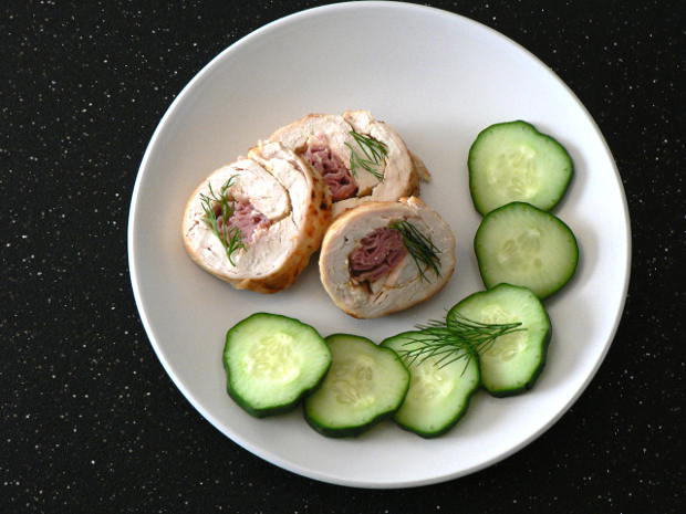 Homemade Chicken Cordon Bleu and Cucumbers on a Plate