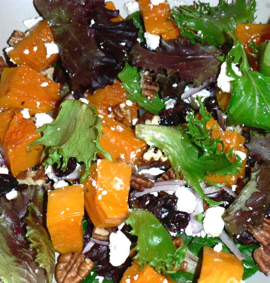 Butternut Squash, Lettuce, Goat Cheese, Pecans, Cranberries in a Salad Bowl