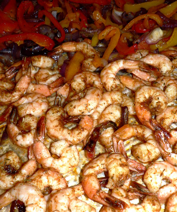Cooked Shrimp, Peppers, Onions