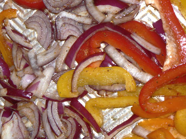 Peppers, Onions, Spices on a Sheet Pan