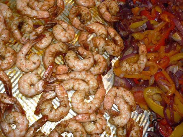 Cooked Shrimp, Peppers, Onions