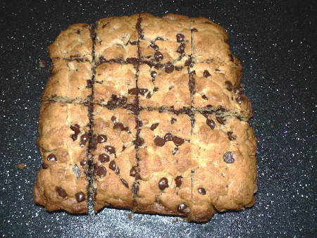 Chocolate Chips Cookie Bars on a Cutting Board