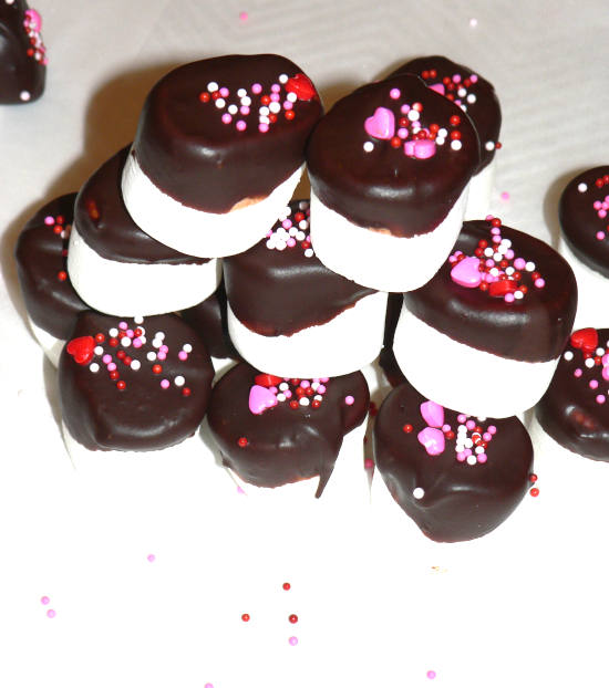 Chocolate Covered Marshmallows in a pink bowl