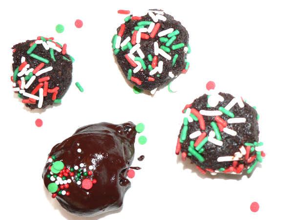 Chocolate cake truffles with Christmas sprinkles