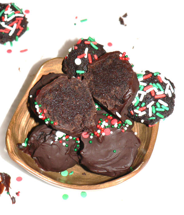 Chocolate cake balls in a brown bowl