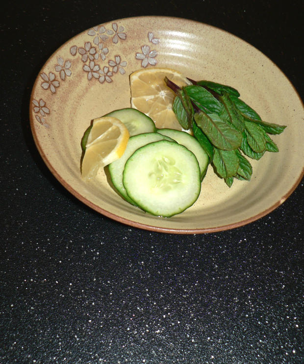Cucumber, Lemon, Mint on a Beige Plate