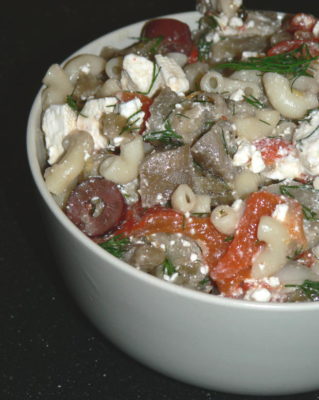 Greek pasta salad in a bowl