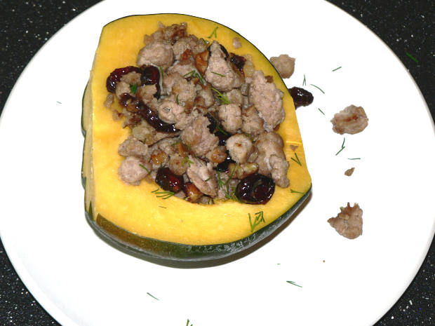 Ground Turkey Stuffed Acorn Squash on a white plate