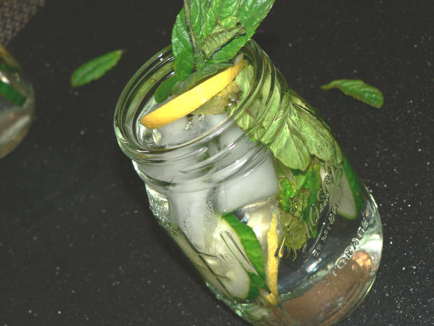 Cucumber Lemon Water with Sprigs of Mint