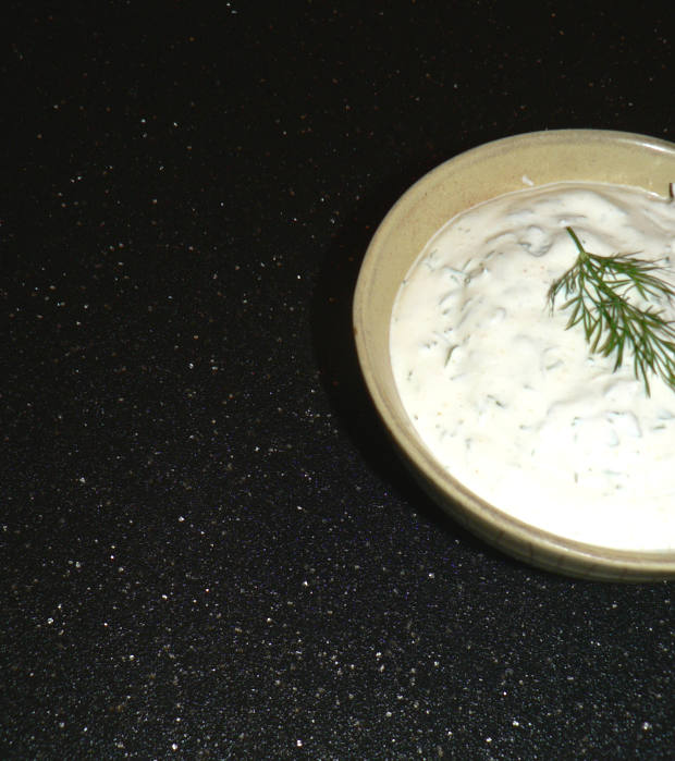 Healthy Ranch Dressing in a yellow bowl