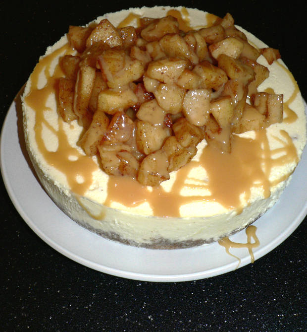 Apple Caramel Cheesecake, covered with apples and caramel