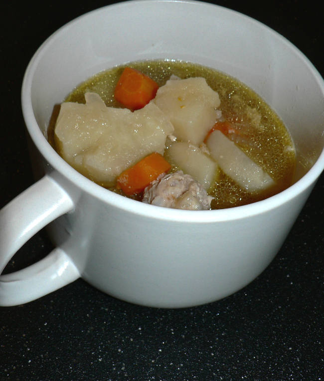 Instapot Turkey Meatball Soup in a Grey Cup