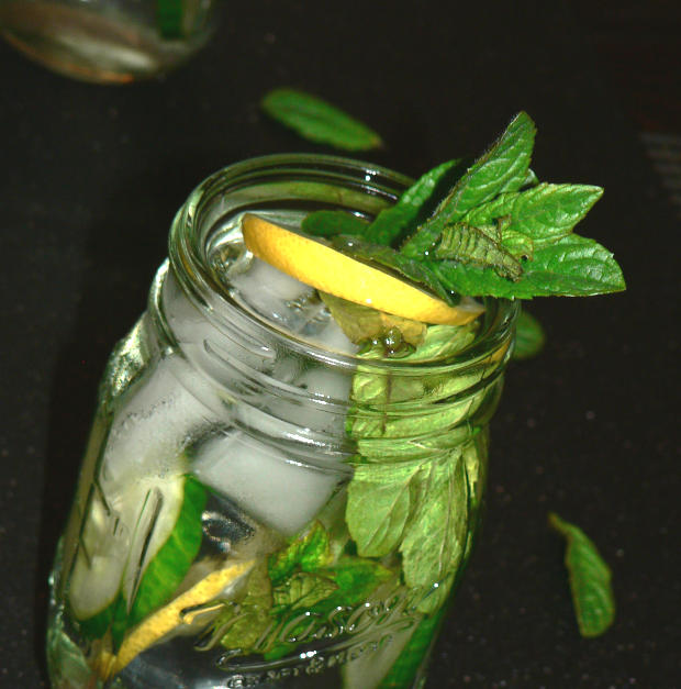 Cucumber, Lemon, Mint Water in Jar with Ice