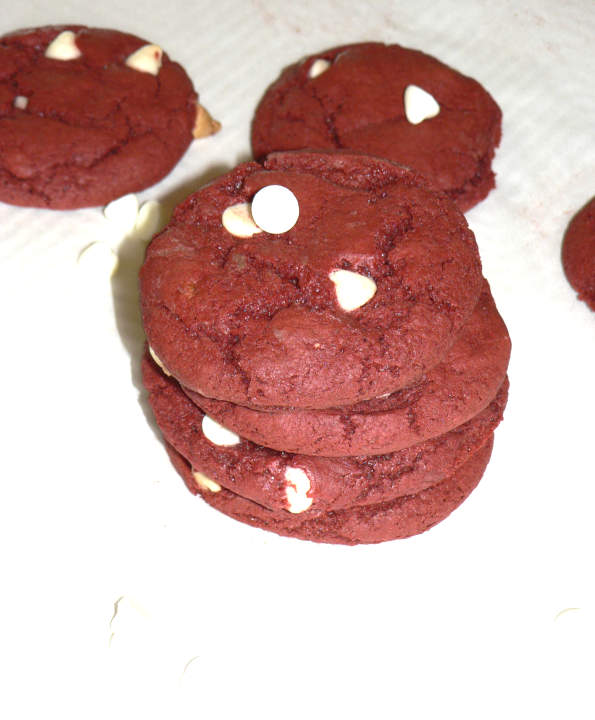 Red Velvet Cookies on a White Cutting Board