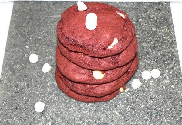 Red Velvet Cookies With Chocolate Chips on Grey Cutting Board