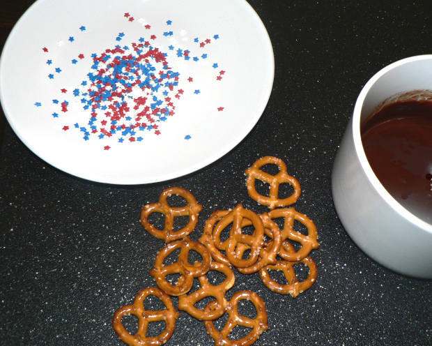 Melted Chocolate, Pretzels and Red, White and Blue Sprinkles