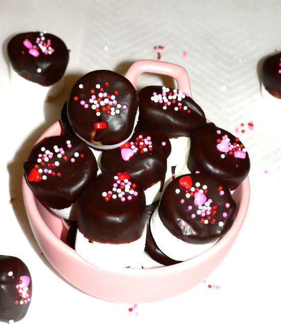 Chocolate Covered Marshmallows in a pink bowl
