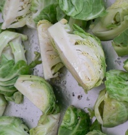 Raw Brussels Sprouts on a Cookie Sheet