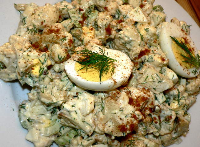 Low Carb Cauliflower Potato Salad is very easy to make, and it is healthy and delicious! Find out how to make this healthy, low carb salad #keto #lowcarb #cauliflower #ketodiet #ketorecipes #lowcarbdiet #healthy #healthyrecipes #healthyfood #healthylifestyle #vegetarian #vegetarianrecipes #glutenfree #dairyfree #cooking #recipe