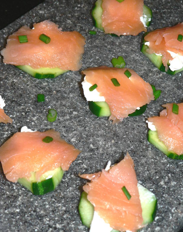 Cucumber Salmon Bites on a grey board