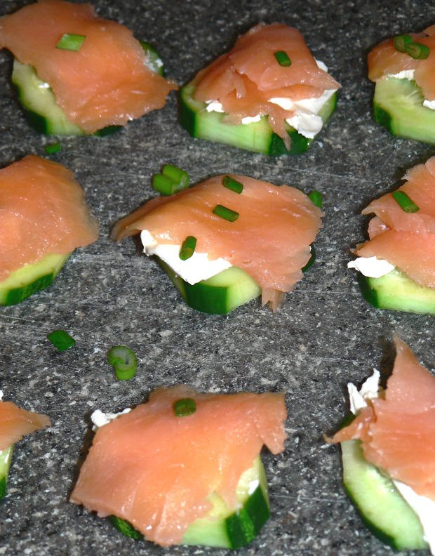 Smoked Salmon Bites with Cucumber, Cream Cheese, Salmon, Scallions