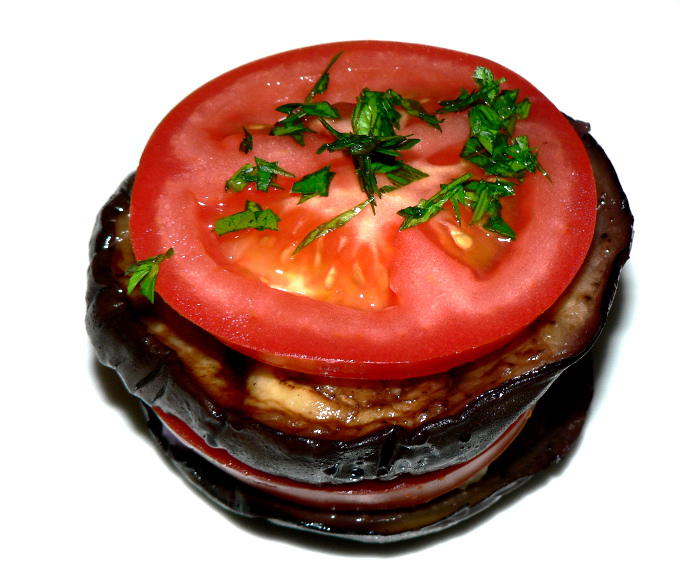 Egg plant stacks with goat cheese and tomatoes