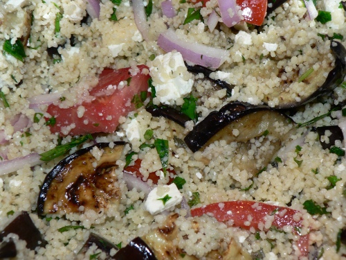 Mediterranean Couscous Salad With Eggplants, Feta and Red Onions