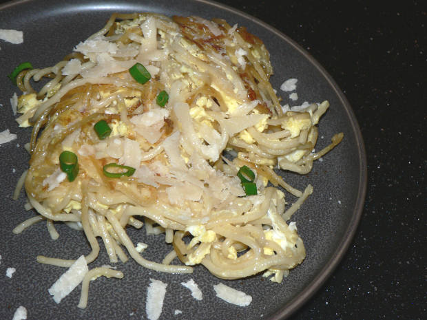 Pan fried pasta on a plate