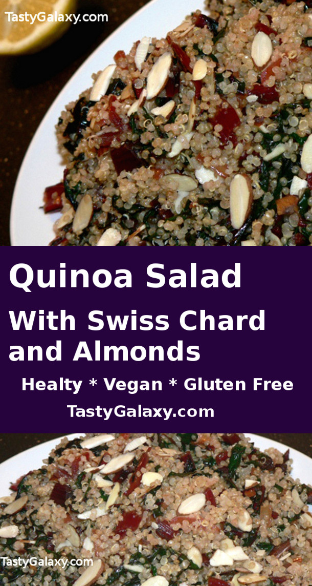 How To make Quinoa Salad Recipe With Swiss Chard And Almonds, here is an easy, vegan, gluten free quinoa salad recipe! Click here to get the quinoa salad recipe #healthy #dinner #healthyrecipes #healthyfood #healthylifestyle #recipe #food #cooking #vegan #veganrecipes #veganfood #vegetarian #vegetable #vegetarianrecipes #glutenfree #dairyfree #sidedish #side #quinoa #lemon #easyrecipe #easydinner