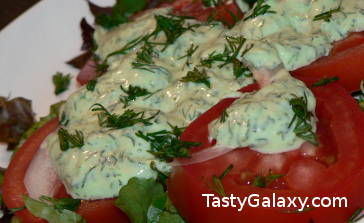 Gluten Free, delicious and easy to make Tomato Salad With Green Goddess Dressing. Don't buy store salad dressings, with lots of sugar, salt and fat! Use this recipe to prepare a wholesome, delicious salad dressing in no time! You will stop buying salad dressings at the store, once you see how easy it is to make this one, and how delicious it is!